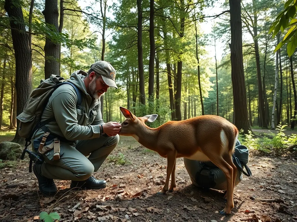A photograph showcasing a wildlife biologist monitoring a population of deer in their natural habitat, representing the organization's wildlife monitoring efforts.