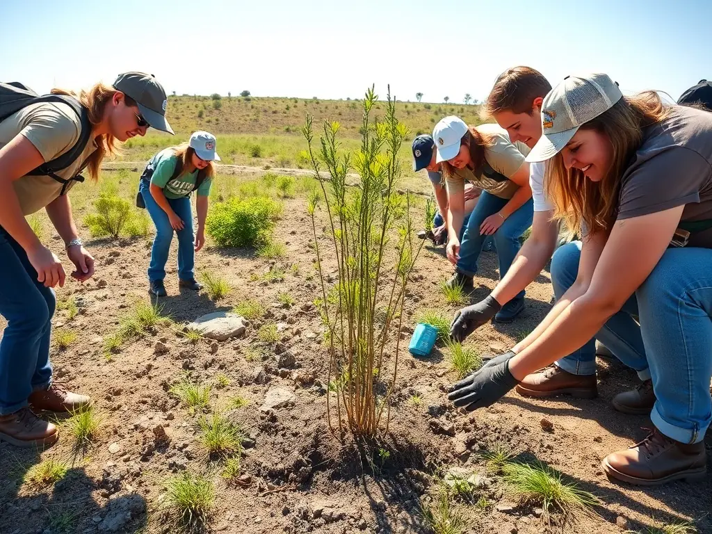 A photograph depicting a group of volunteers planting trees in a deforested area, symbolizing habitat restoration efforts by SOCIETE INTERCOMMUNALE DE CHASSE DE LE LONZAC-MADRANGES.