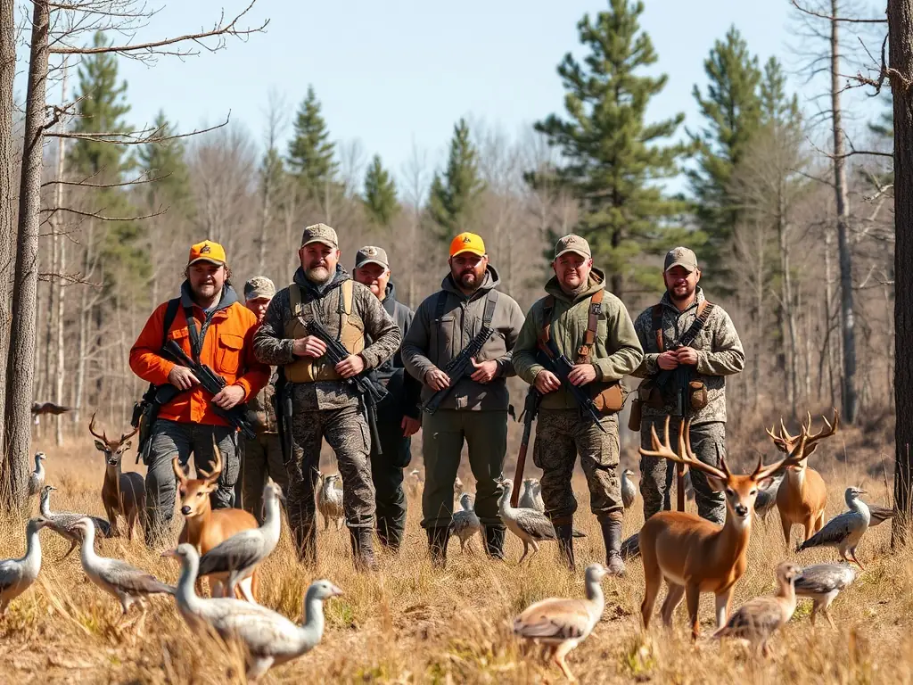 A photograph of a group of hunters participating in a controlled hunt, demonstrating the organization's commitment to sustainable hunting practices.