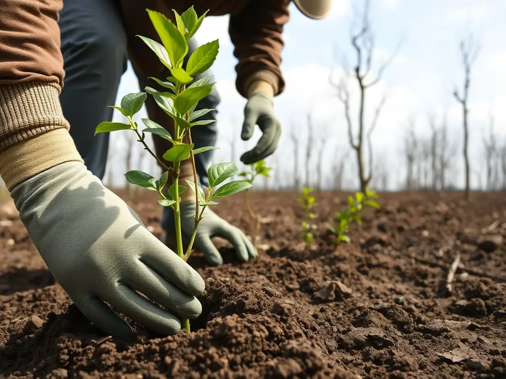 A photograph depicting a group of volunteers planting trees in a deforested area, symbolizing habitat restoration efforts by SOCIETE INTERCOMMUNALE DE CHASSE DE LE LONZAC-MADRANGES.