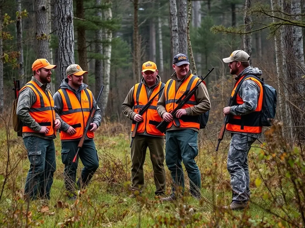 A group of hunters participating in a controlled hunt in a forest, emphasizing sustainable wildlife management and responsible hunting practices.