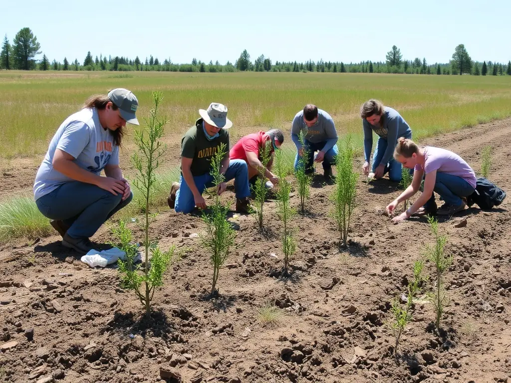 A volunteer team planting trees in a deforested area, illustrating habitat restoration and conservation efforts.