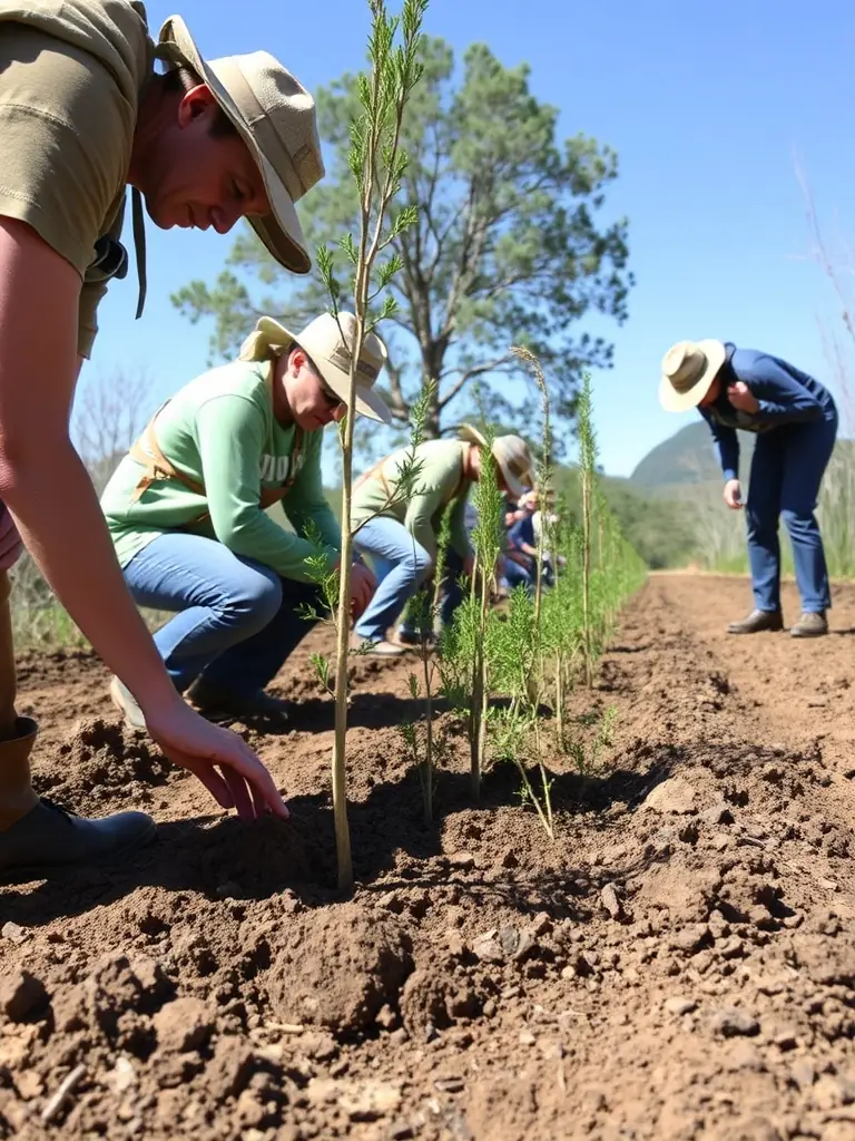 A photograph capturing a group of volunteers planting trees in a deforested area, symbolizing habitat restoration efforts by SOCIETE INTERCOMMUNALE DE CHASSE DE LE LONZAC-MADRANGES.